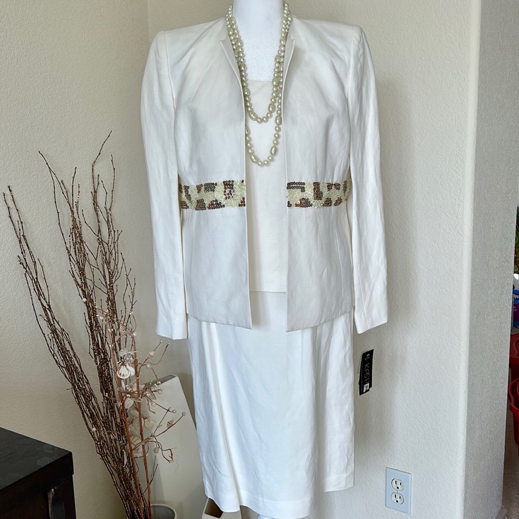 Brand New Kasper Celestial Garden White 3pc Skirt Suit
